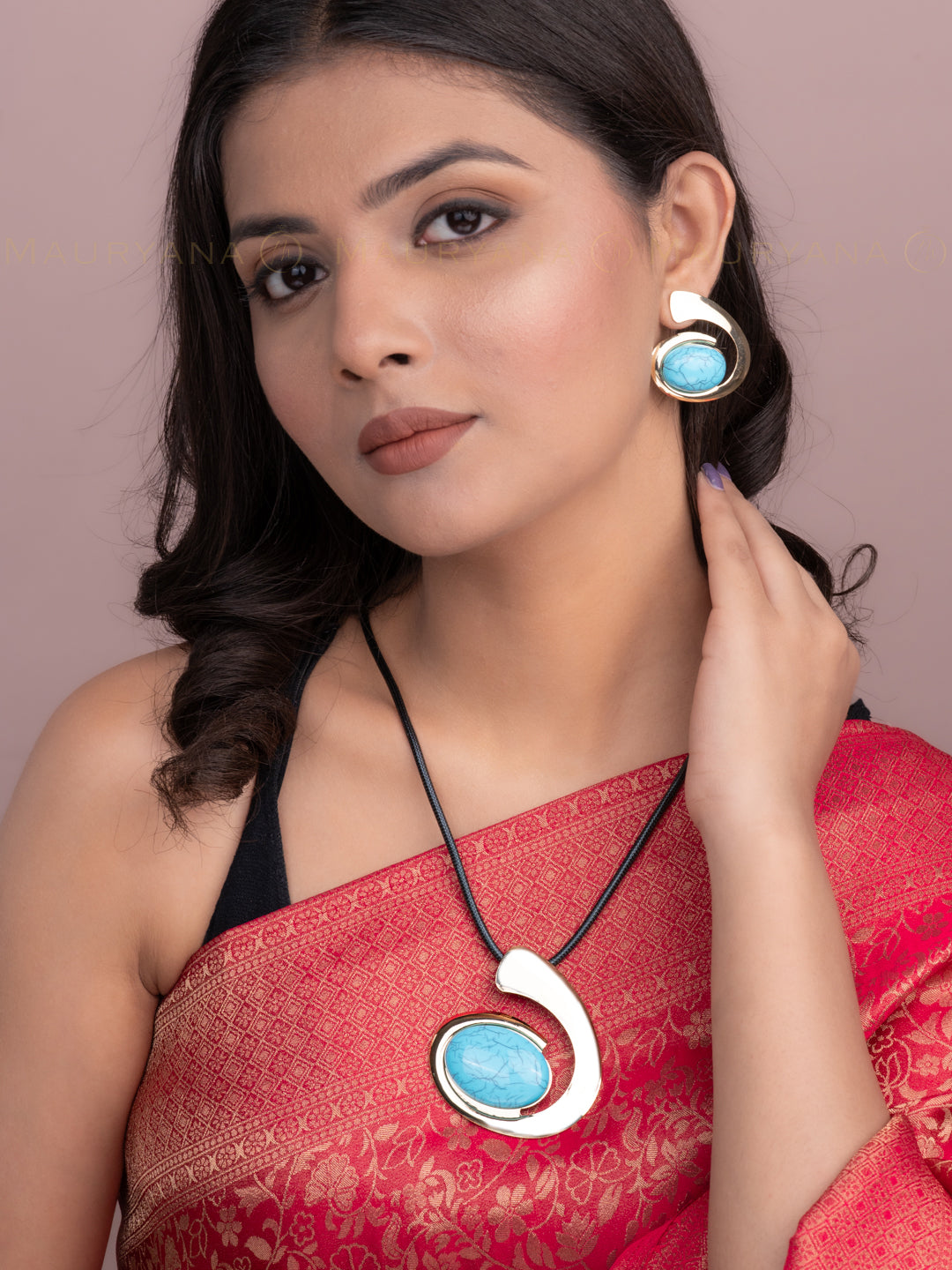 MAURYANA - Gold and Turquoise Pendant with Leather Strap Necklace and Matching Earrings
