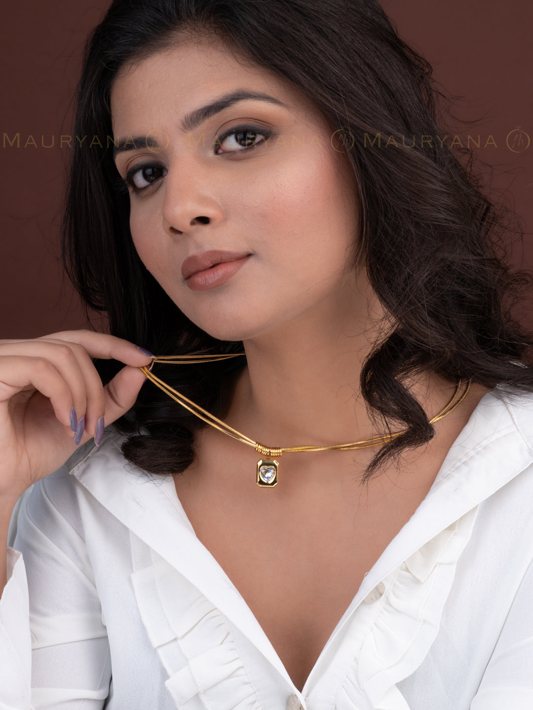 MAURYANA - Stainless Steel 18k Gold Plated Zircon Pendant Necklace - one size
