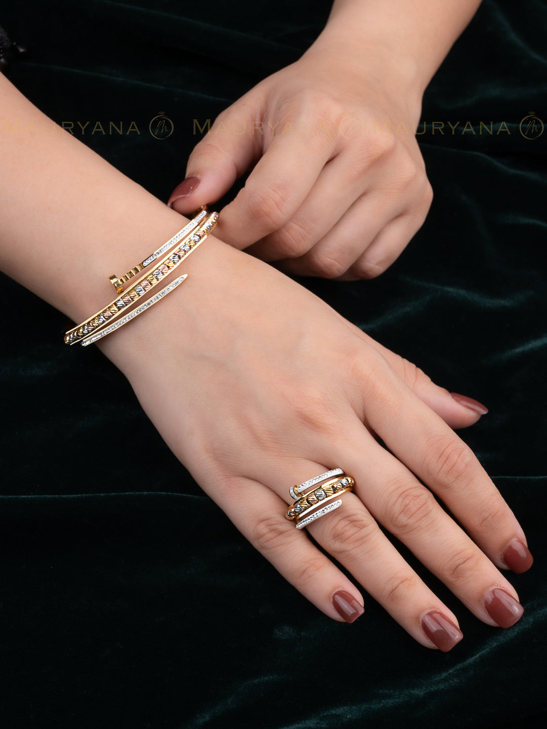 MAURYANA - Stainless Steel 18k Gold Plated Bangle with Ring Set - Stylish and Durable