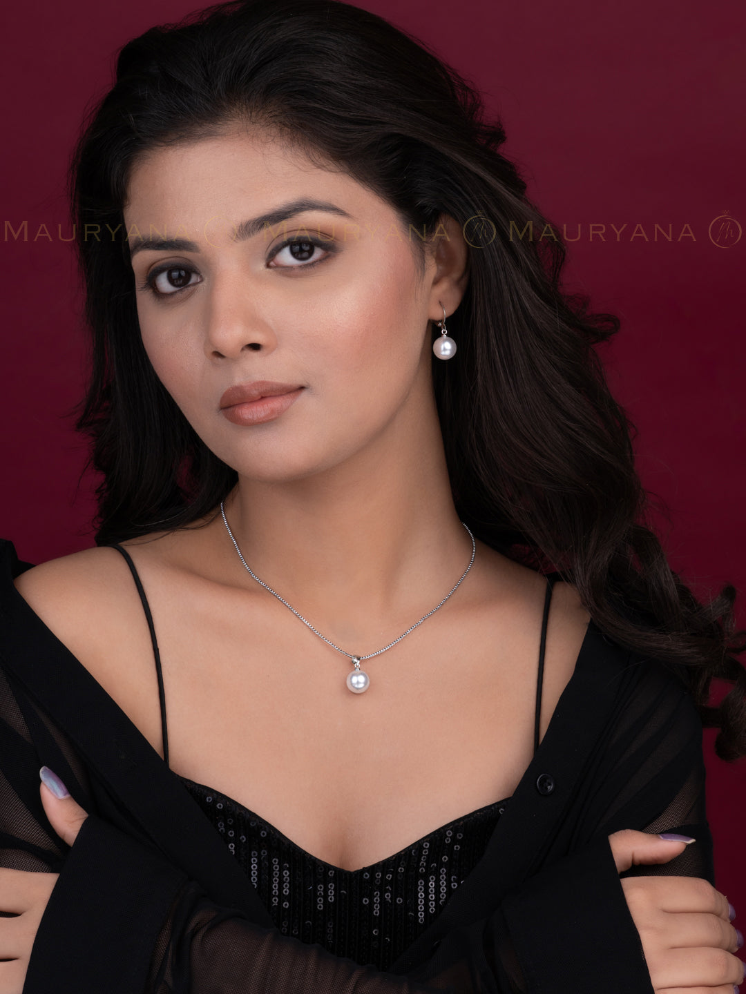MAURYANA - Simple Subtle Artificial Pearl Pendant Necklace set with Earrings