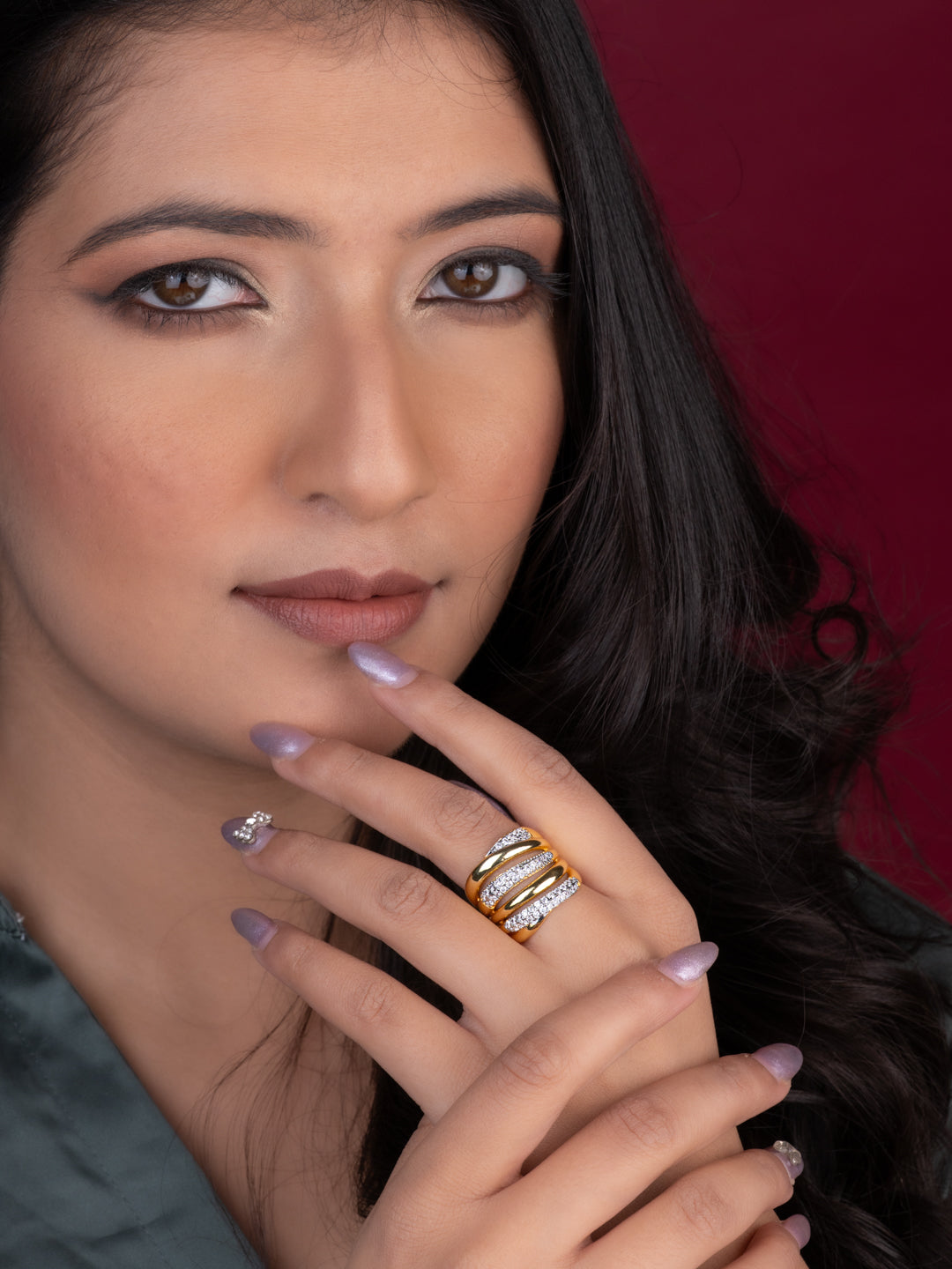 MAURYANA - 18K Gold Plated Copper Open Rings with Zircon Inlay