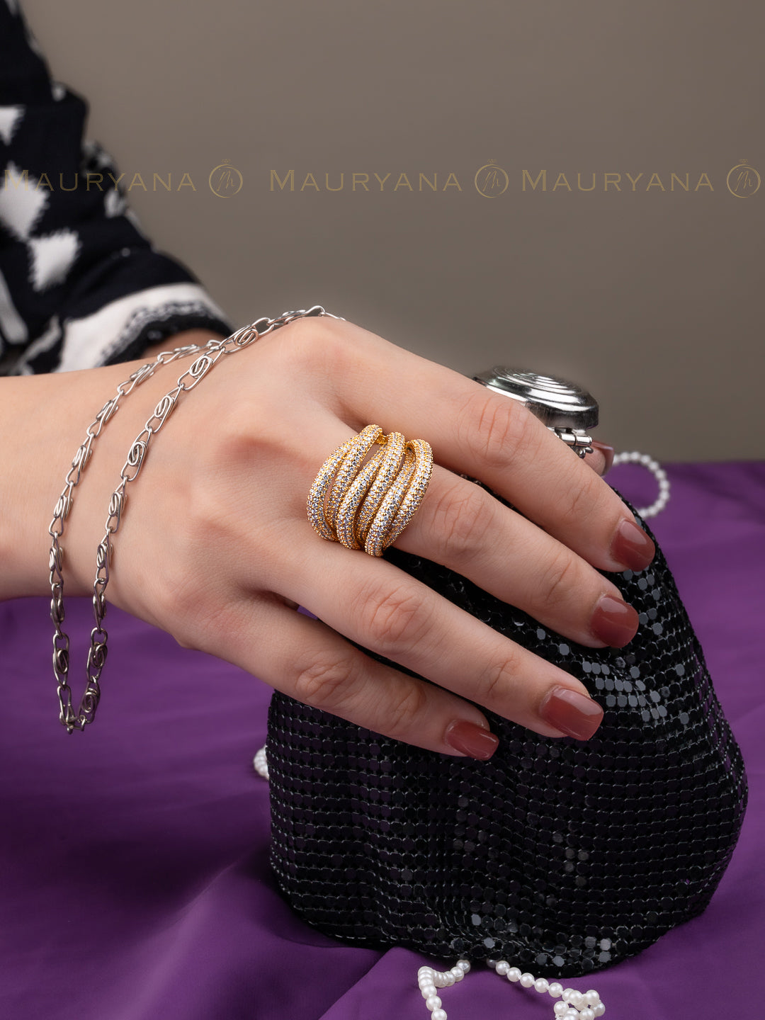 MAURYANA - Copper 18k Gold Plated Heavy Zircon Inlay Royal Design Ring