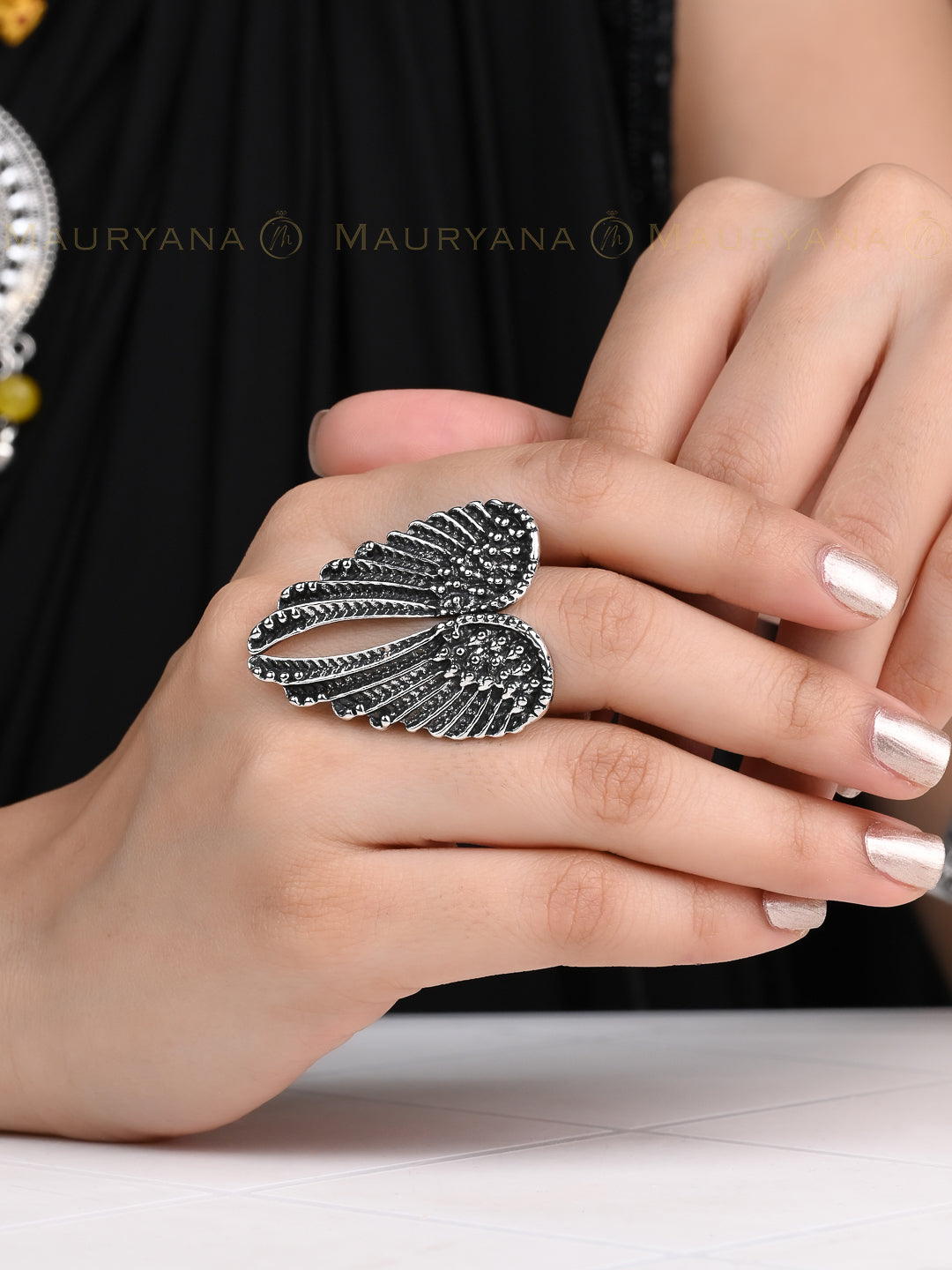 MAURYANA - Alloy Plated Wings Design Adjustable Ring, Partywear