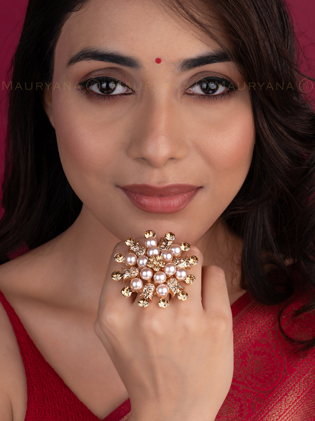 MAURYANA - Rhinestones and Pearl Crafted Flower Design Luxury Ring