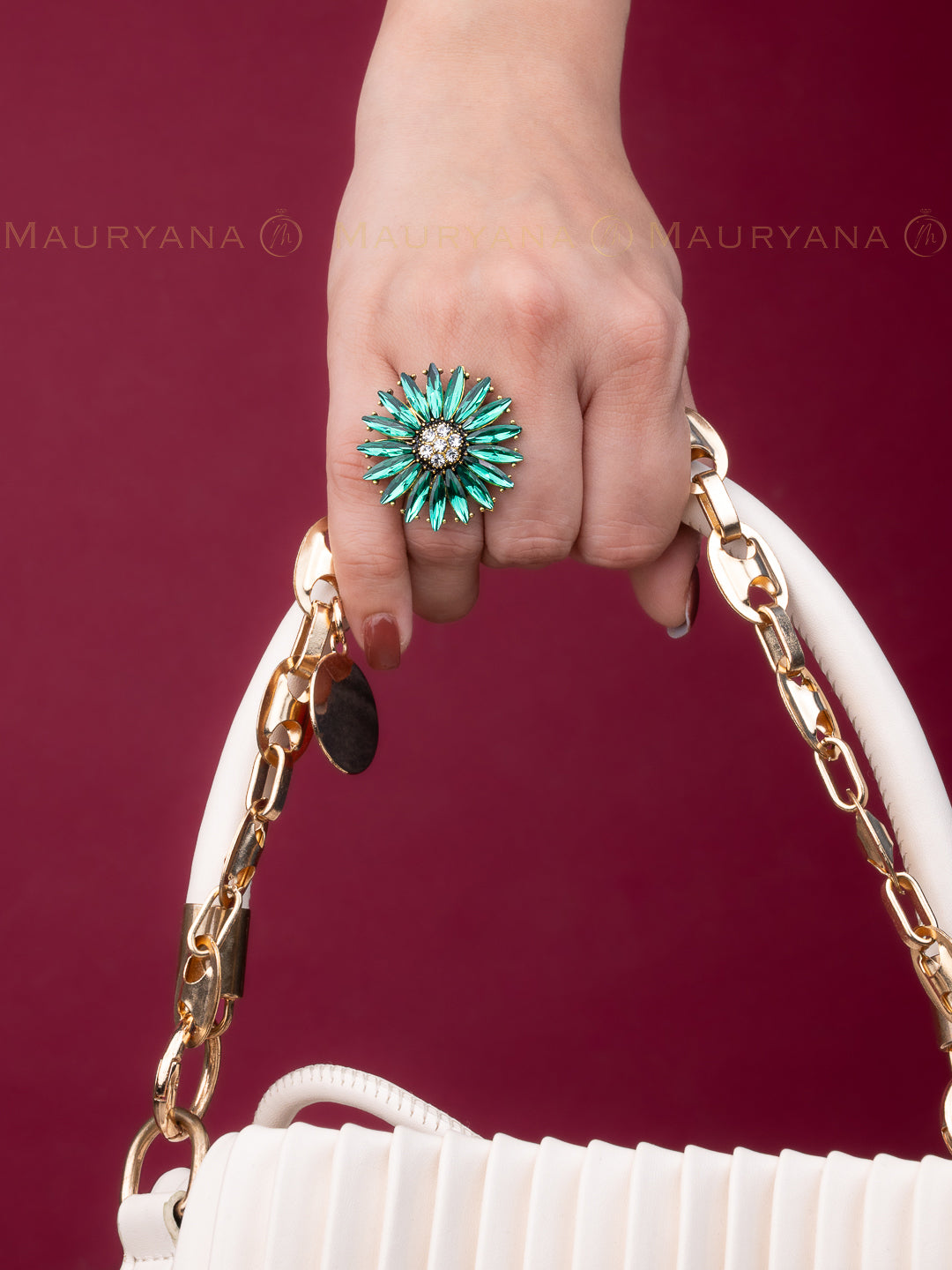 MAURYANA - Rhinestones and Zircon Studded Glamourous Flower Design Ring