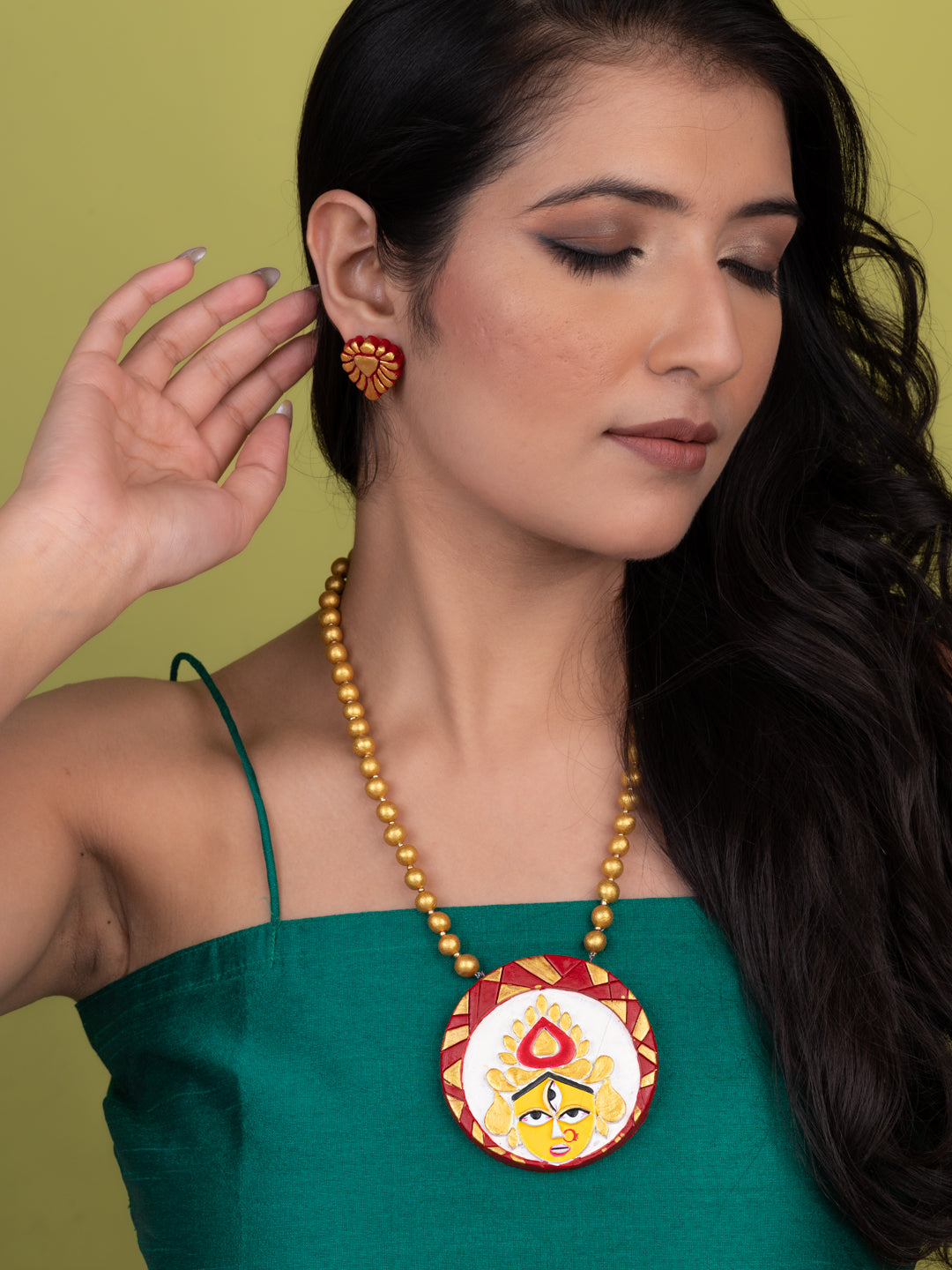 MAURYANA - Terracotta Durga mata face design pendant necklace set with earrings - Assorted colors - adjustable length