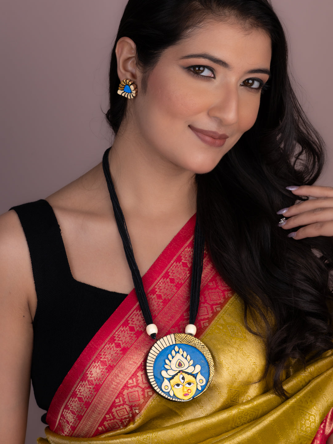 MAURYANA - Terracotta Durga mata face design pendant necklace set with earrings - Assorted colors - adjustable length