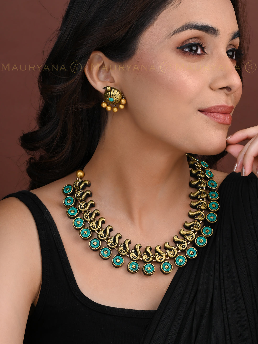 MAURYANA - Terracotta blue and gold peacock design necklace set with earrings - adjustable length