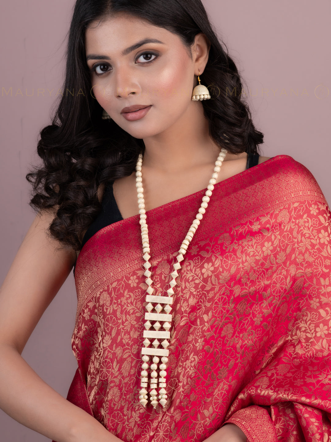 MAURYANA - Terracotta off white beaded necklace set with earrings