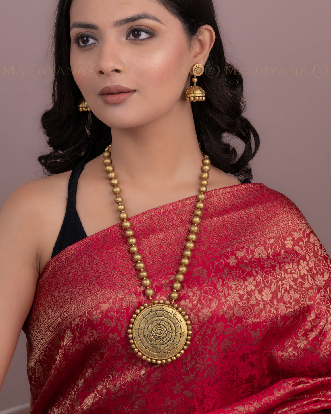 MAURYANA - Terracotta gold medallion shaped pendant necklace set with earrings - adjustable length