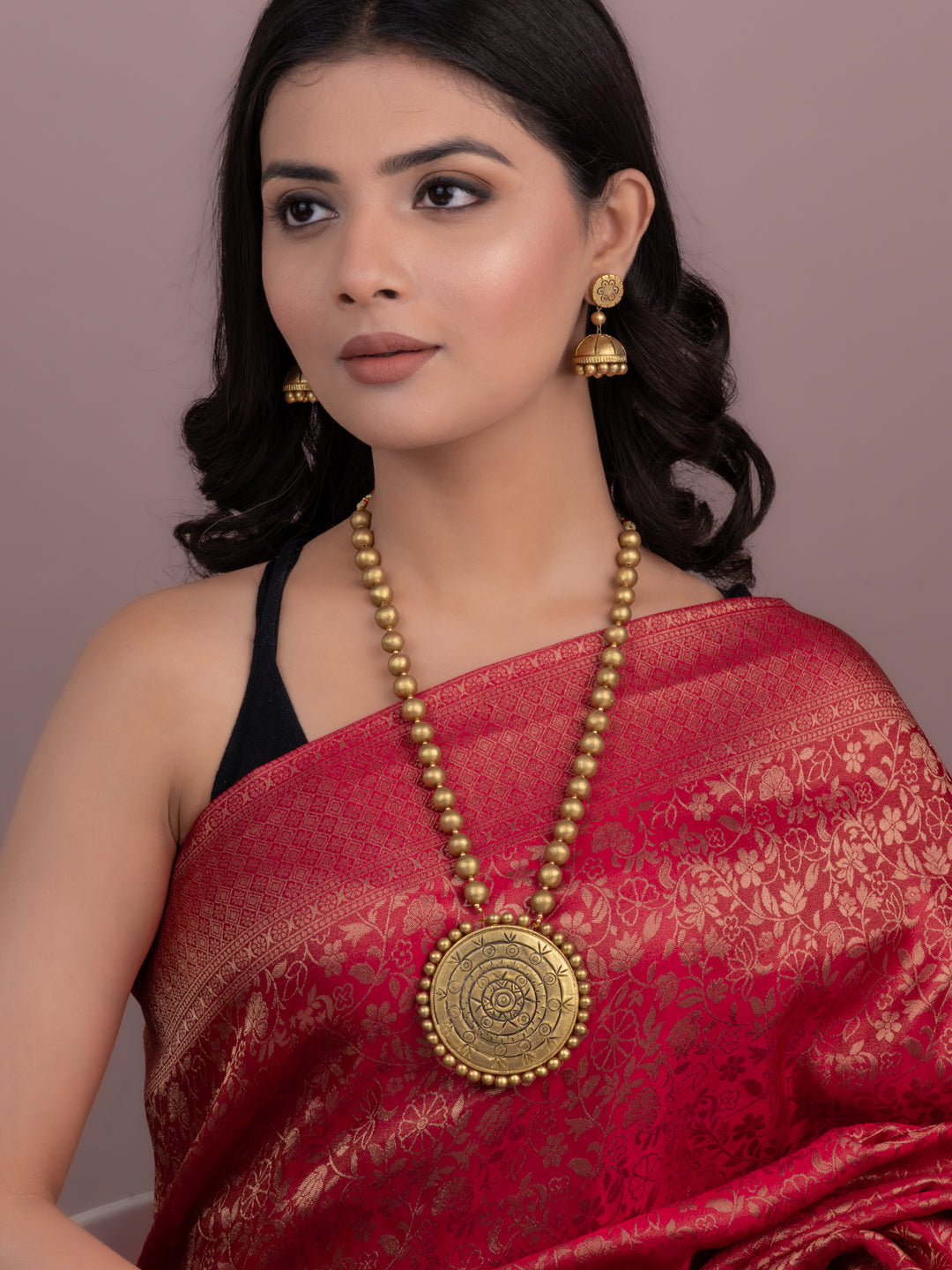 MAURYANA - Terracotta gold medallion shaped pendant necklace set with earrings - adjustable length
