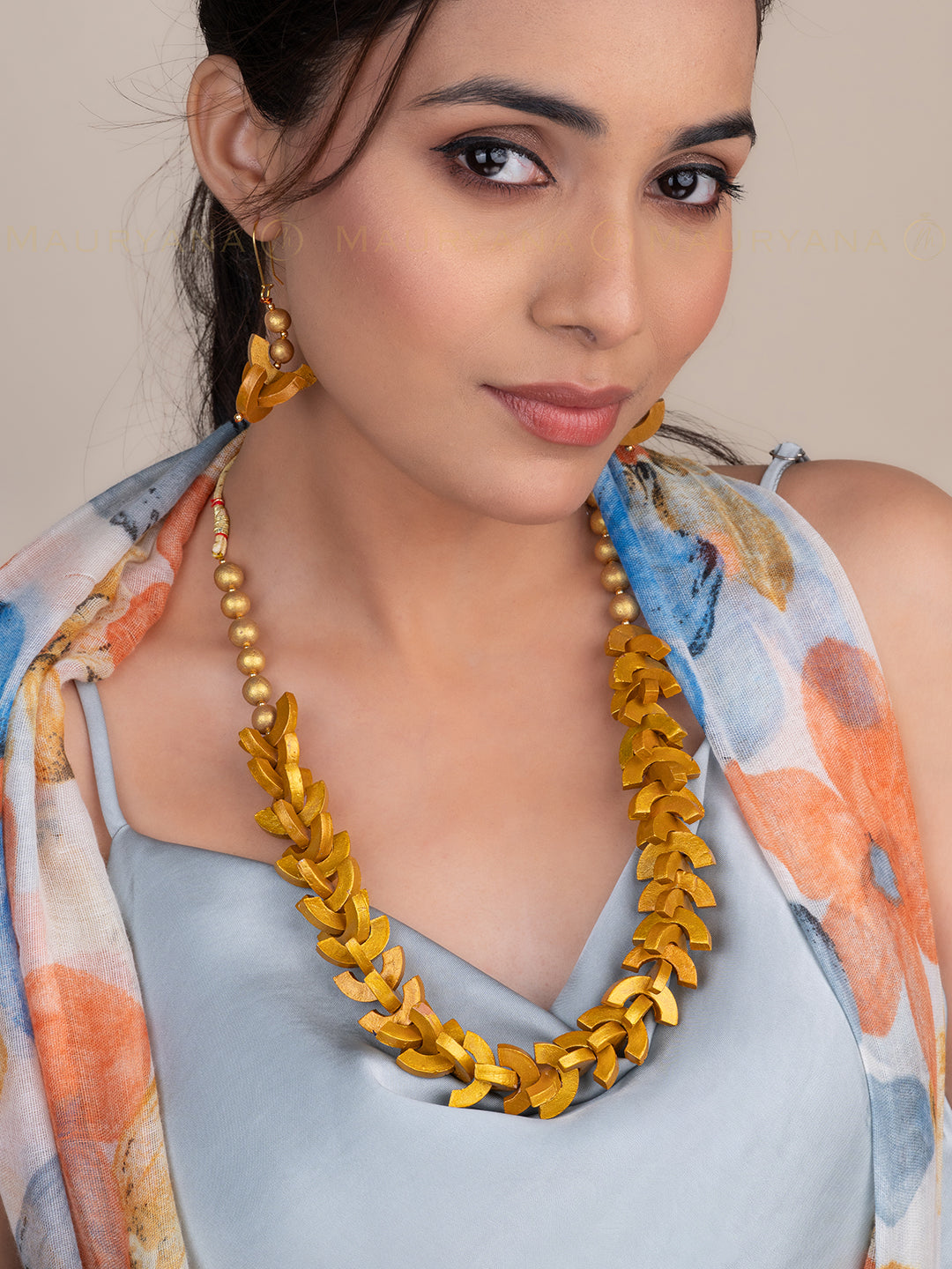 MAURYANA - Terracotta abstract design gold color necklace set with earrings - adjustable length