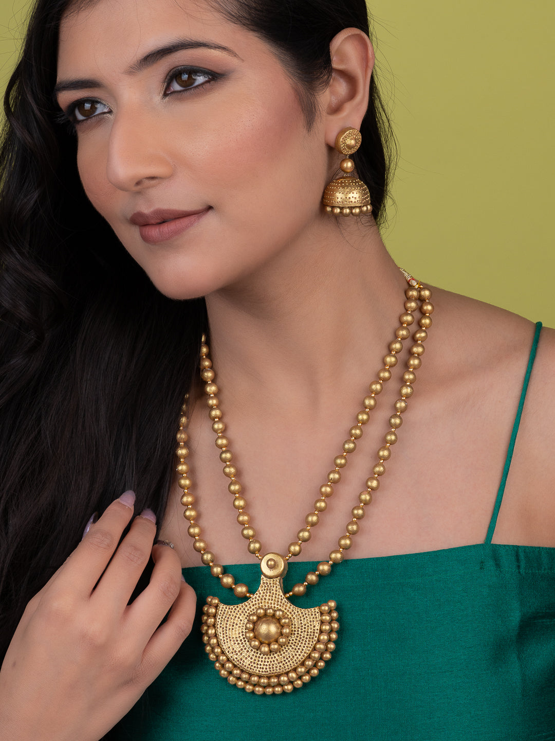 MAURYANA - Terracotta half circle gold beaded necklace set with earring - adjustable length