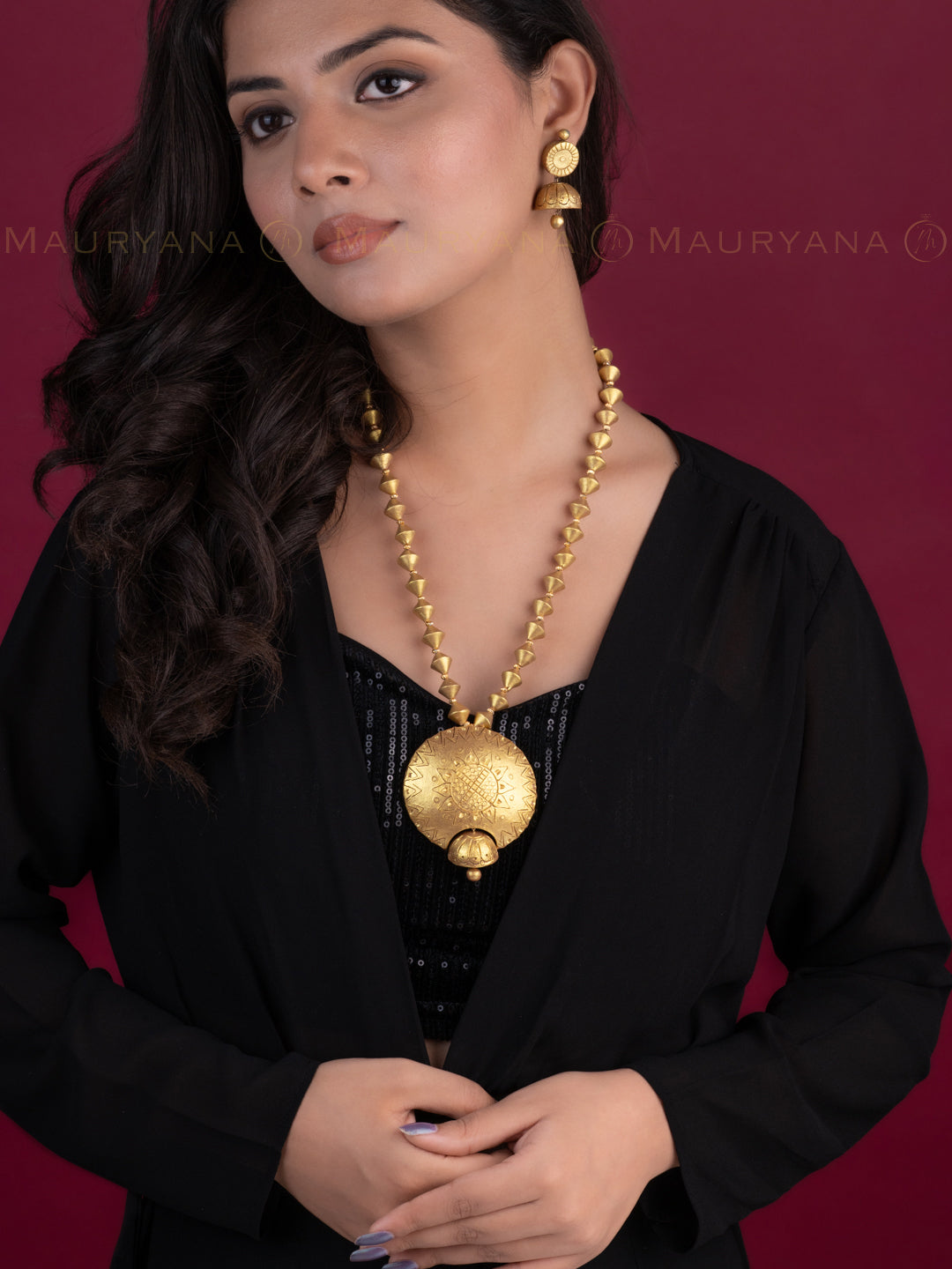 MAURYANA - Terracotta double pendant necklace set with earrings in gold and silver color options - adjustable length