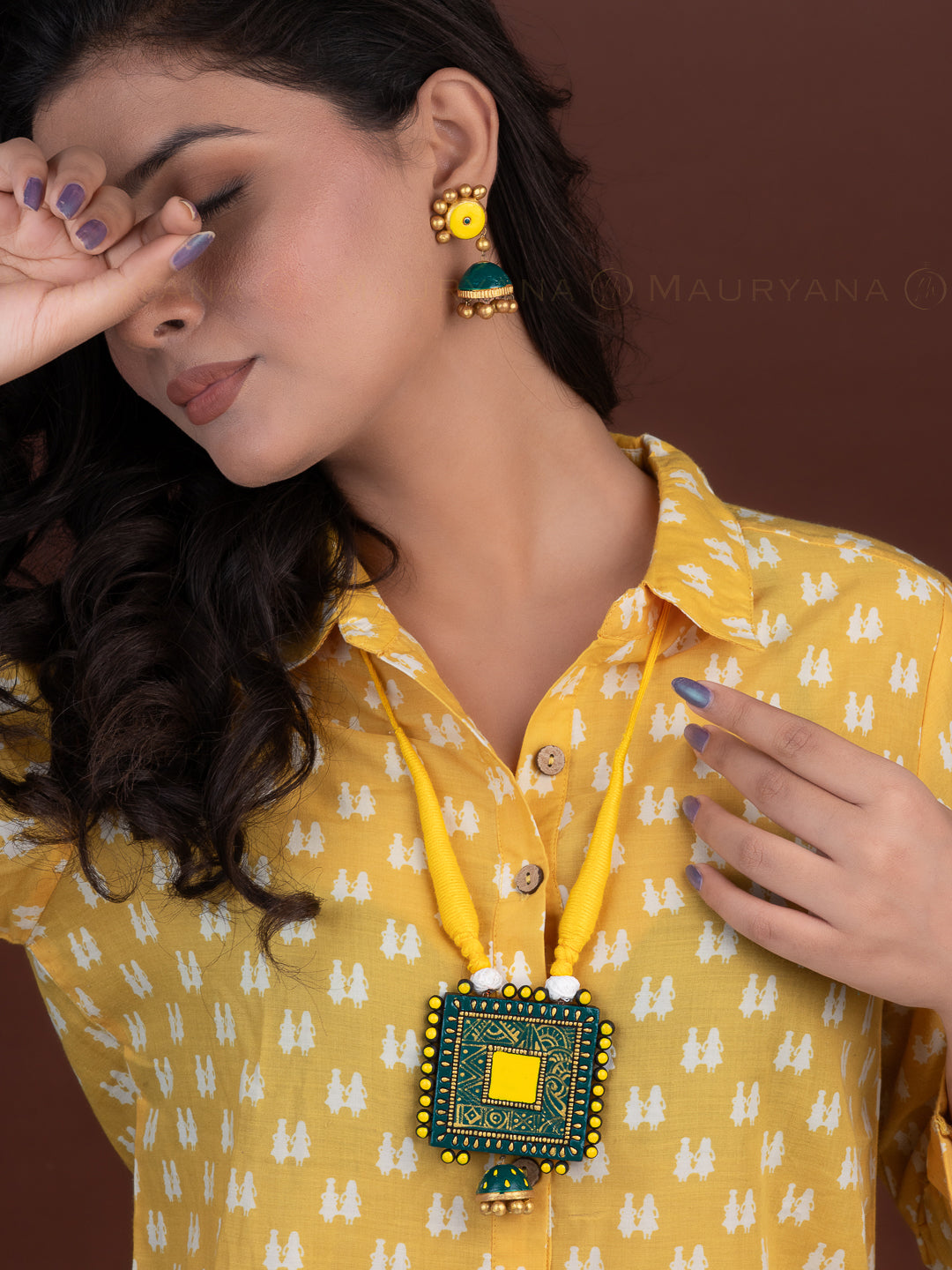 MAURYANA - Terracotta square design pendant necklace set with earrings available in assorted colors - adjustable length
