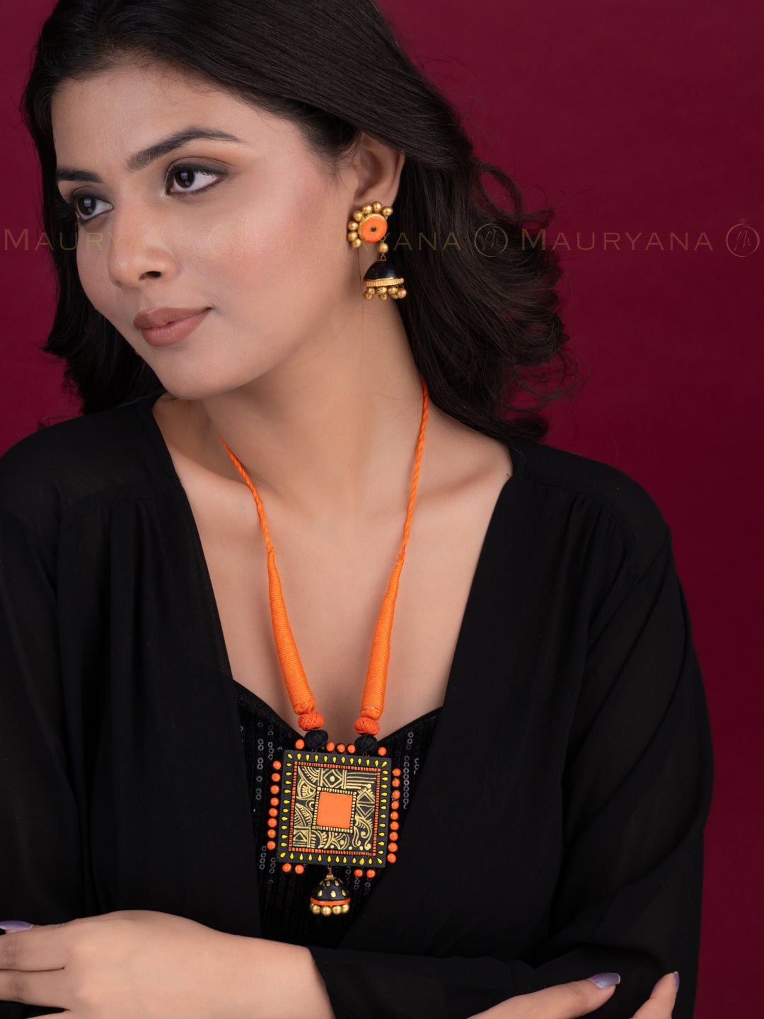MAURYANA - Terracotta square design pendant necklace set with earrings available in assorted colors - adjustable length