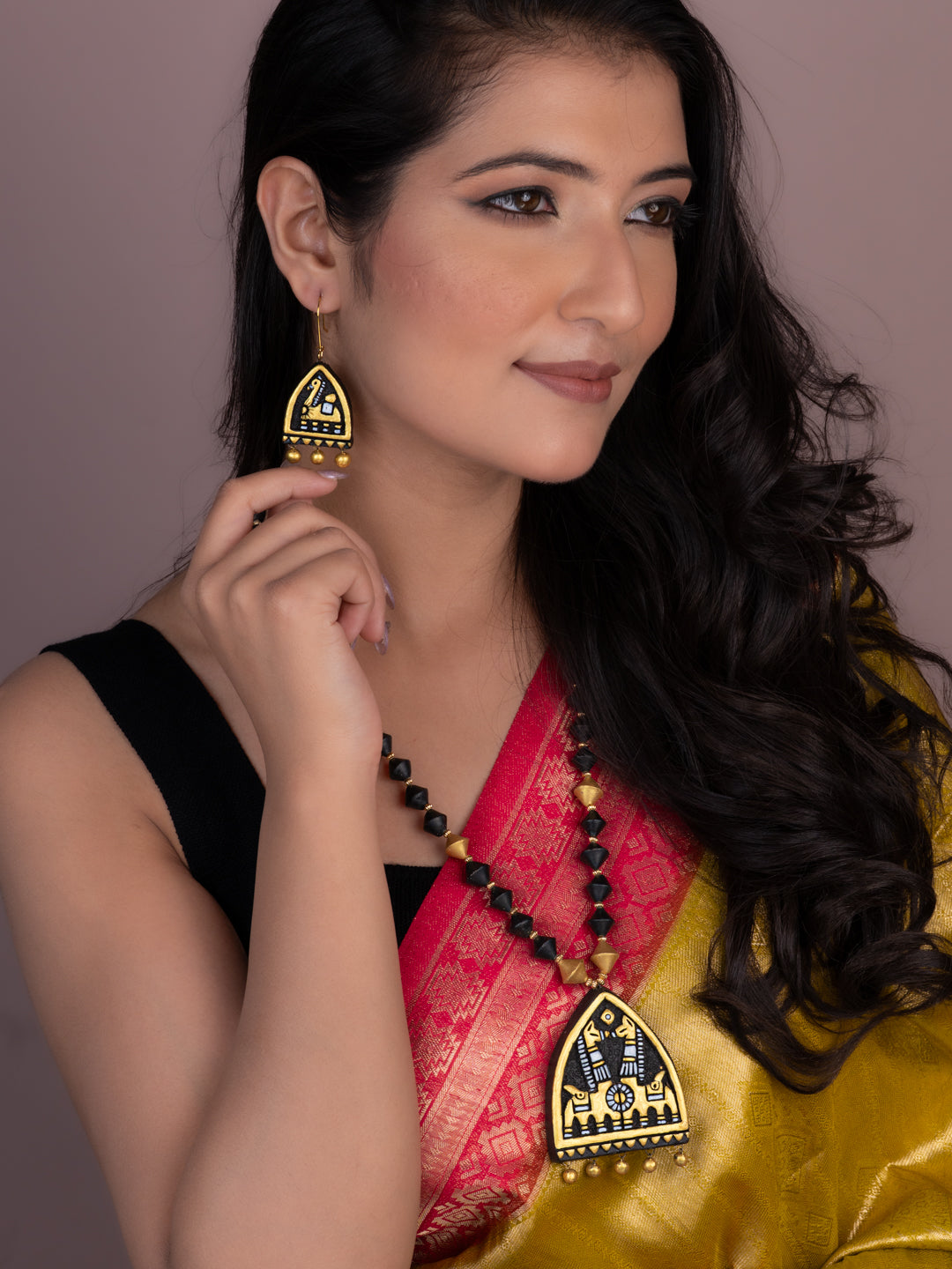 MAURYANA - Terracotta kathakali horse design pendant necklace set with earrings - adjustable length