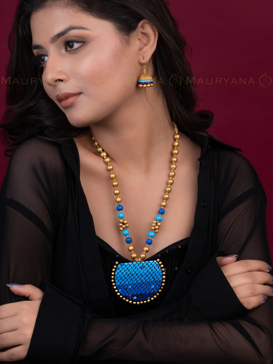 MAURYANA - Terracotta dual tone necklace set with earrings in assorted colors - adjustable length