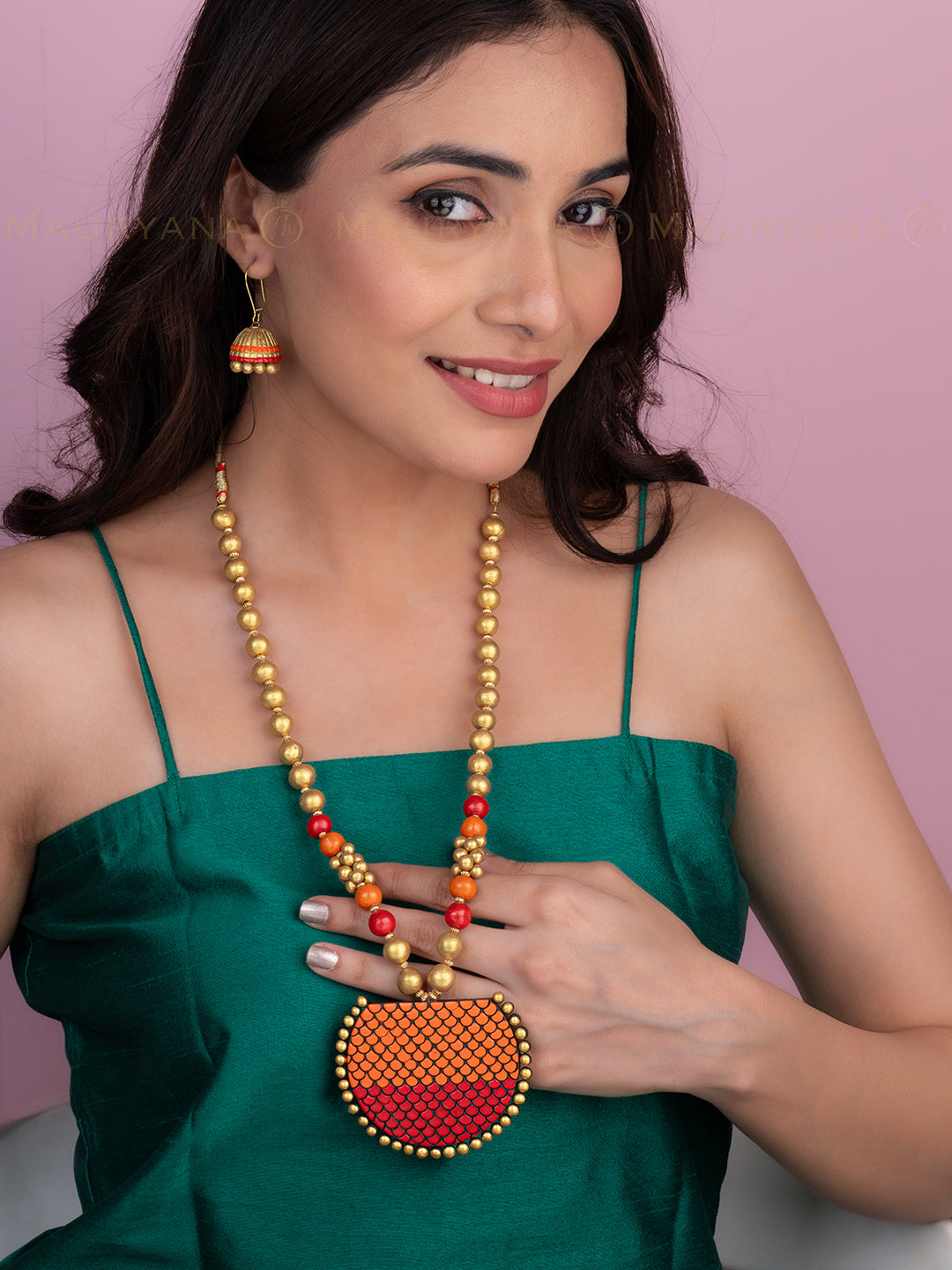 MAURYANA - Terracotta dual tone necklace set with earrings in assorted colors - adjustable length