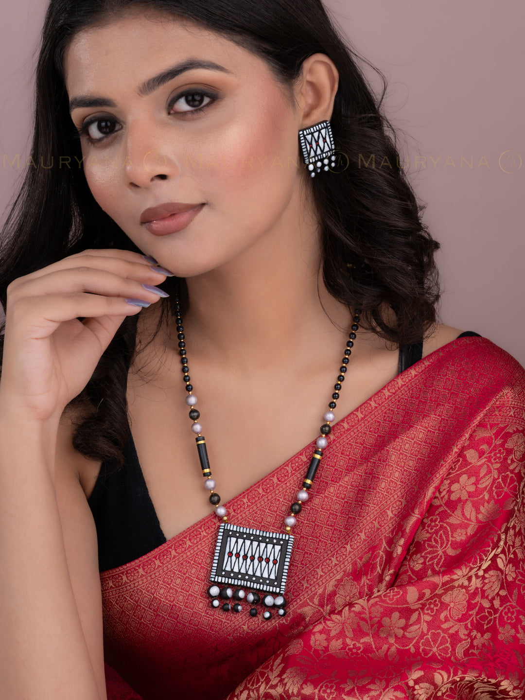 MAURYANA - Terracotta black and gold square pendant necklace set with earring available in assorted colors - adjustable length