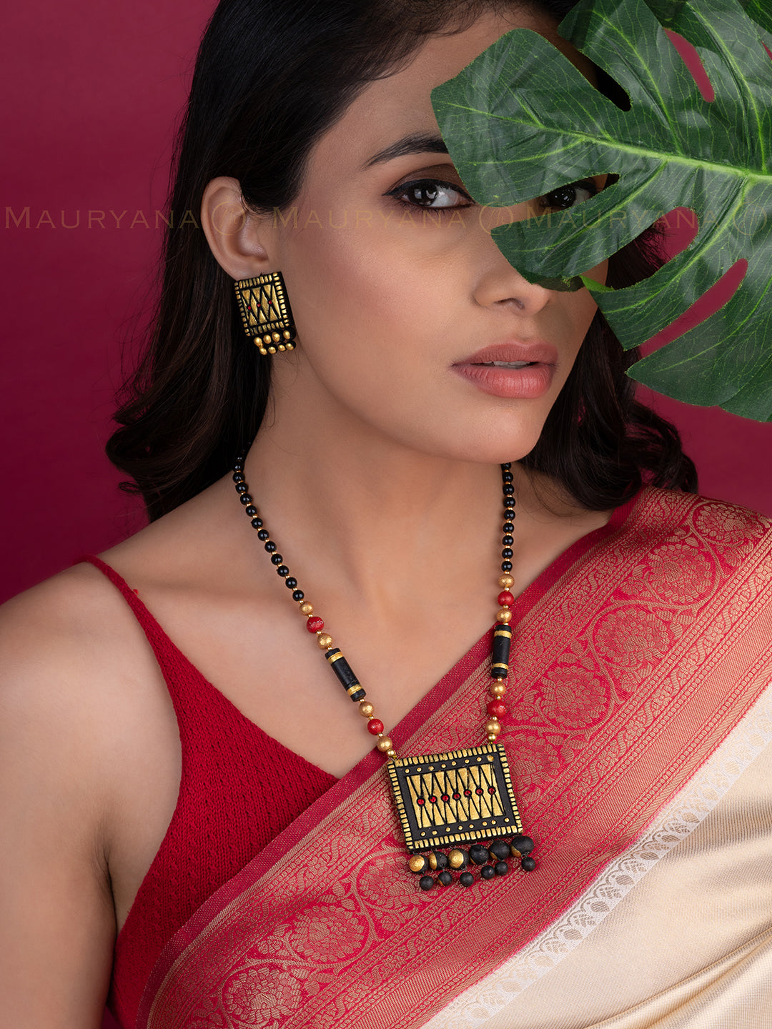MAURYANA - Terracotta black and gold square pendant necklace set with earring available in assorted colors - adjustable length