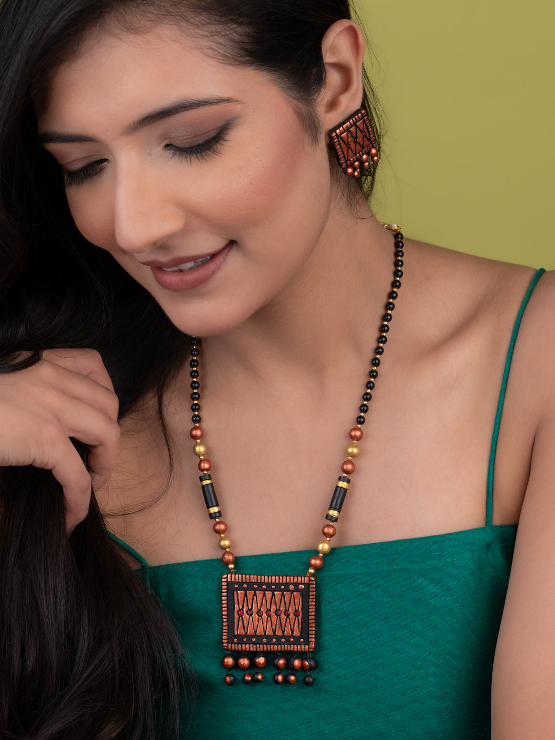MAURYANA - Terracotta black and gold square pendant necklace set with earring available in assorted colors - adjustable length