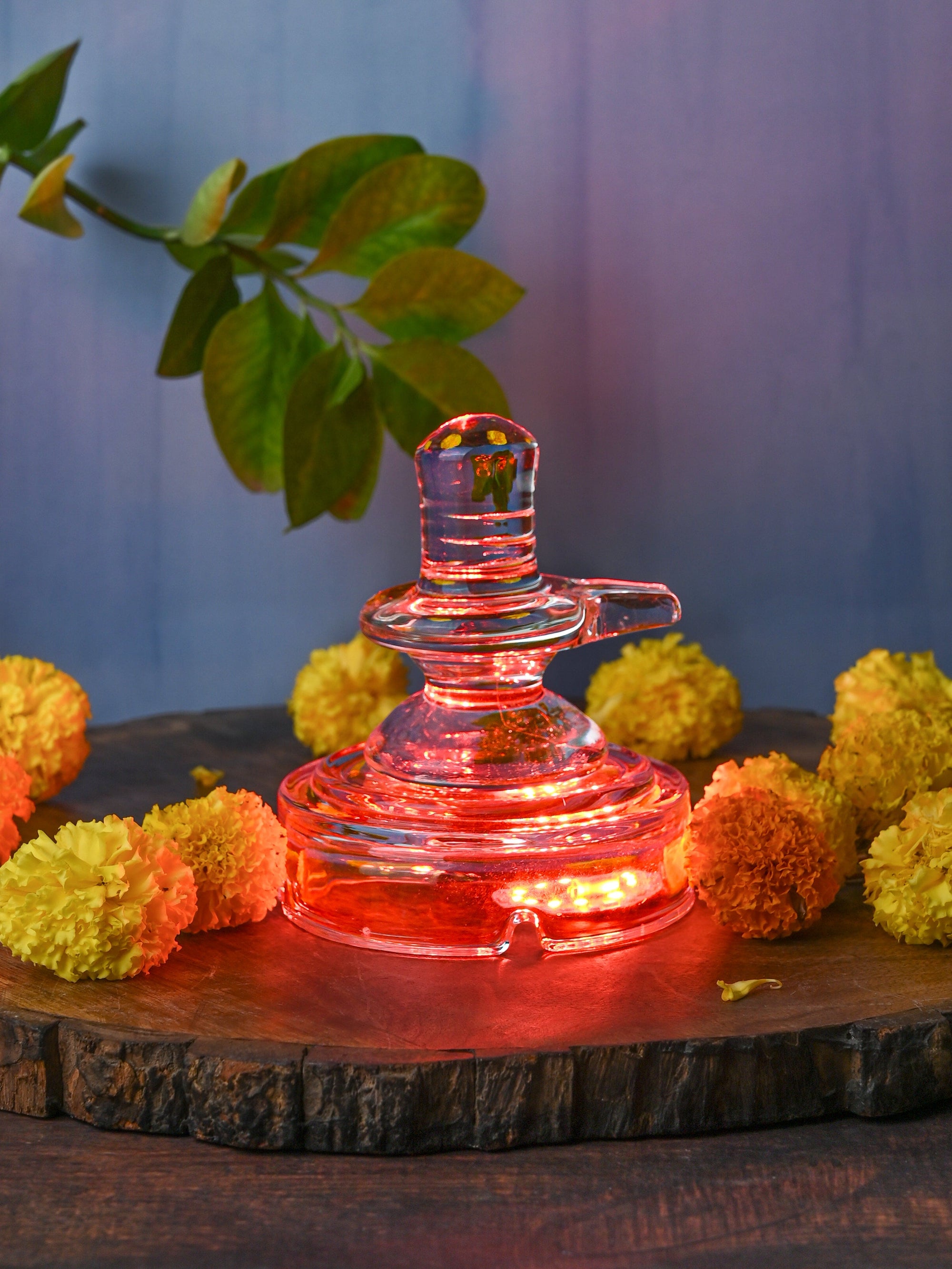 Glass Crafted Shiv Ling on a Glass Base with Multi Colored Lights