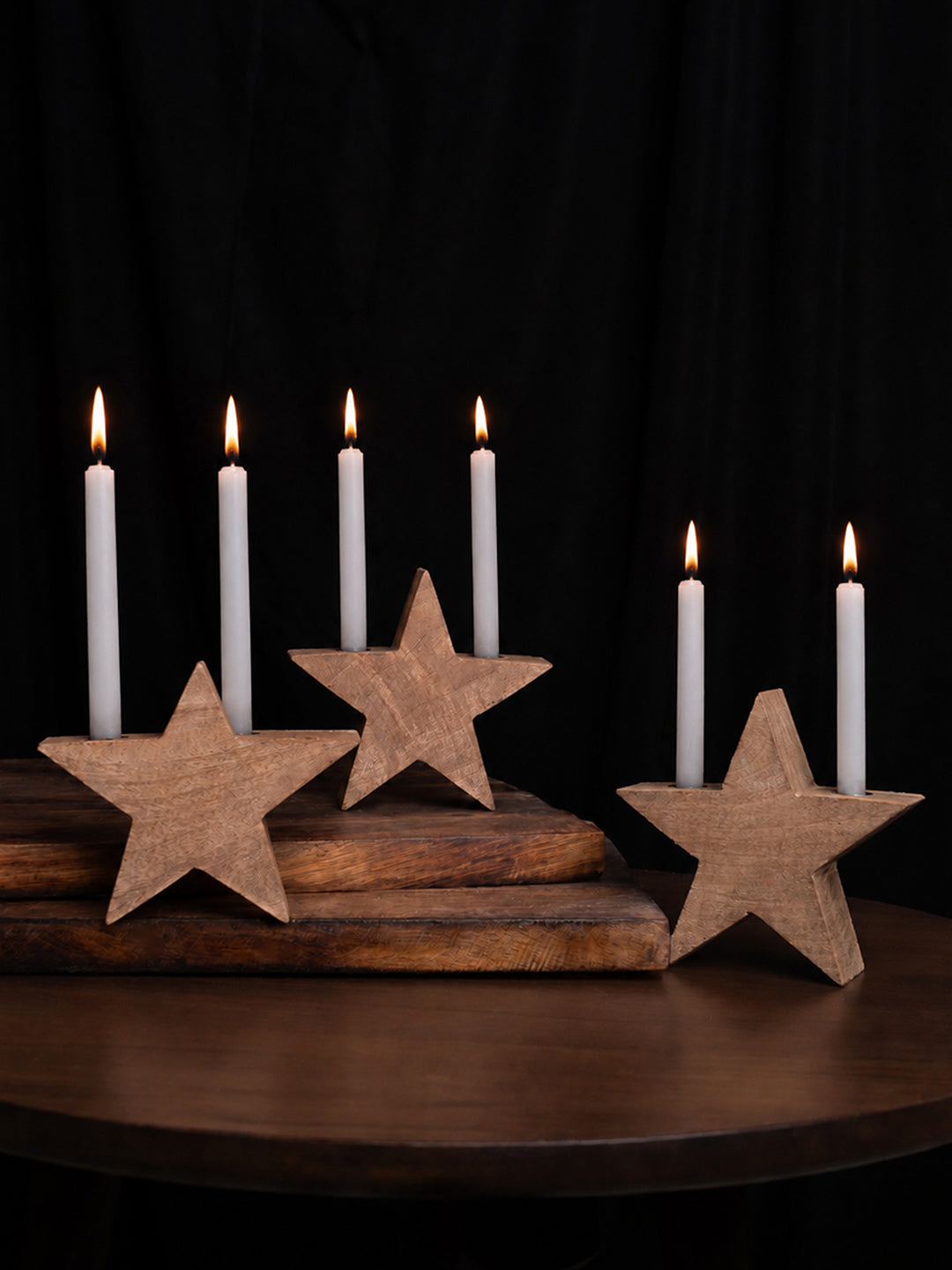 Wood crafted star shaped candle holder set of 3 pcs - 5 inches