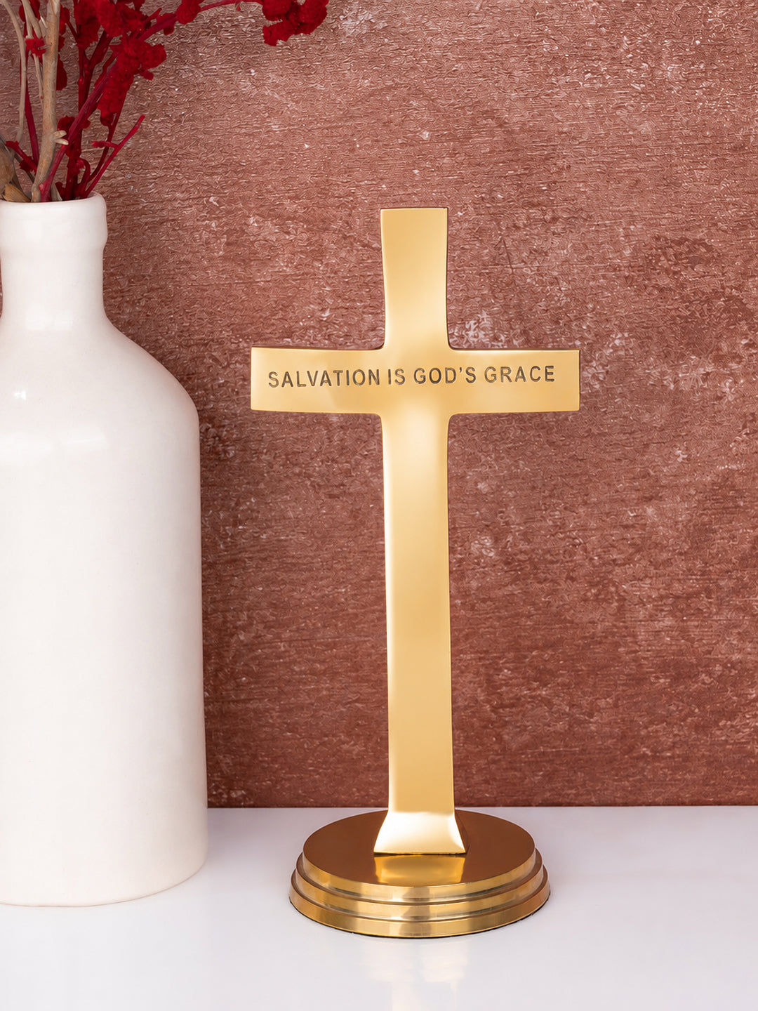 Brass crafted holy cross standing on a firm base - 8 inches