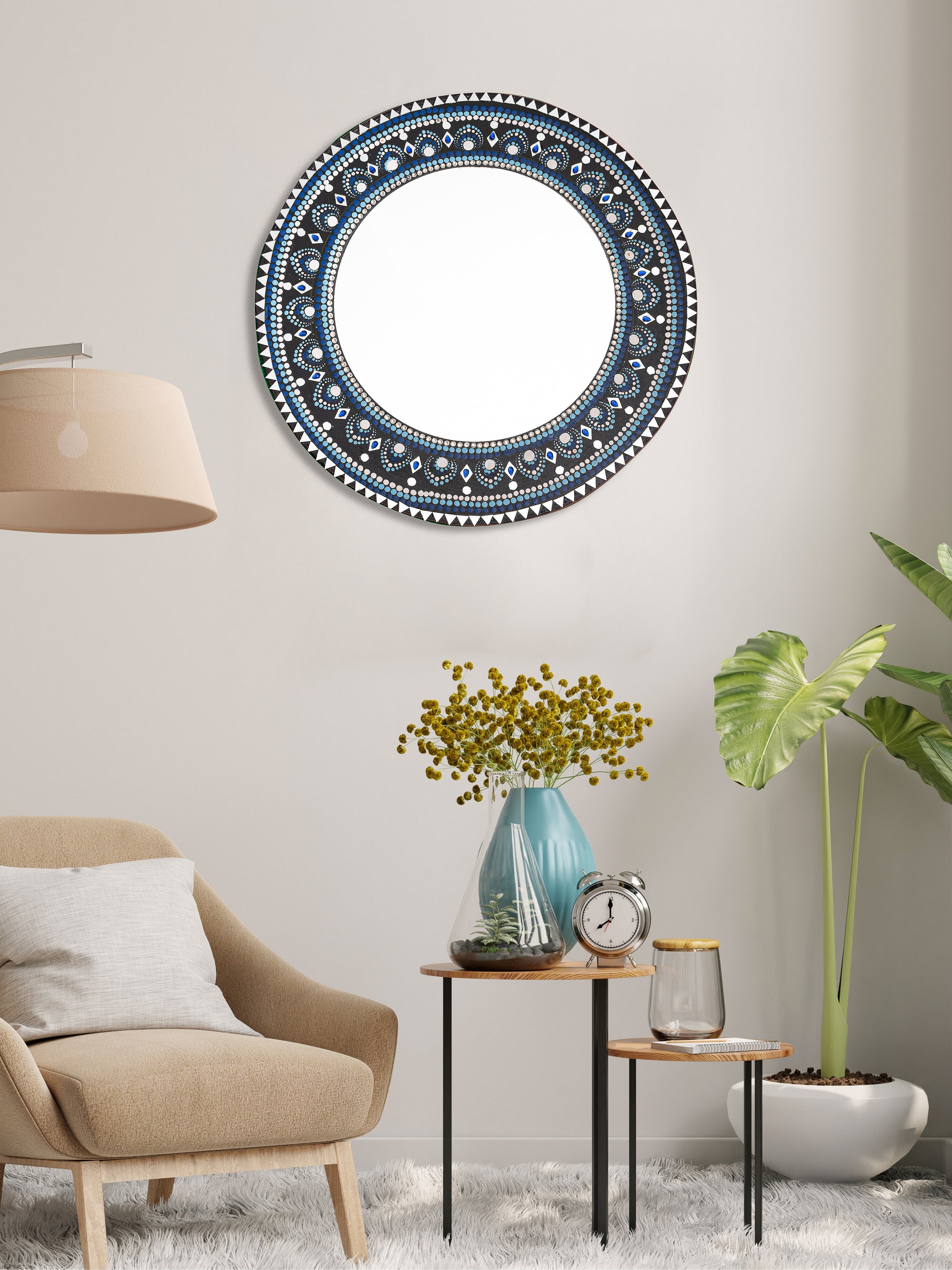 Exclusively Hand Painted Blue and Black Mandala art Wall mirror - 15 inches