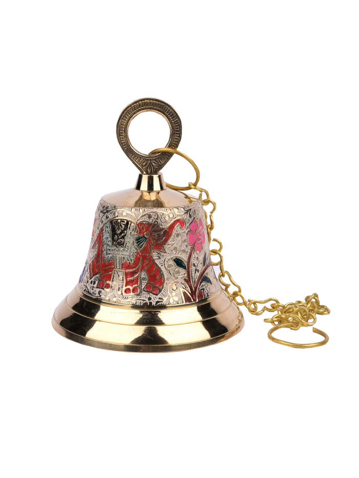 Hand crafted Colorful Brass Temple Bell with chain for Puja room - The Heritage Artifacts