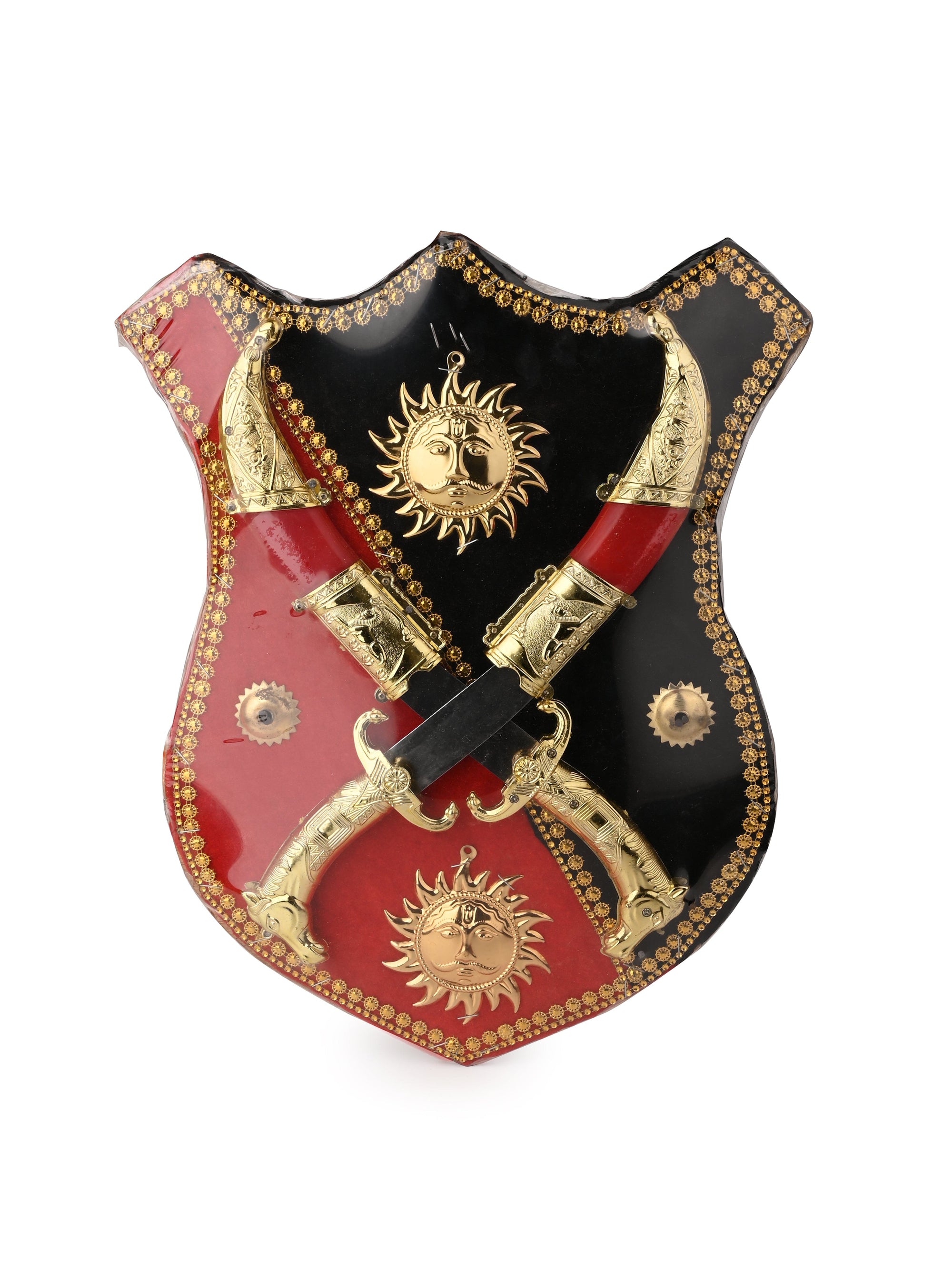 18" Wall Decor Rajput Dhal Talwar / Shield and Knife Set - Red and Black - The Heritage Artifacts