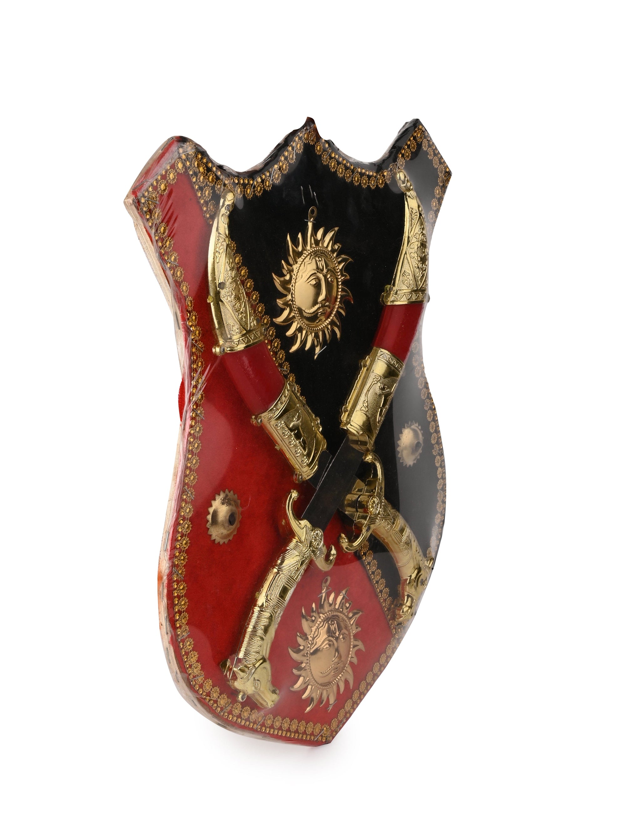 18" Wall Decor Rajput Dhal Talwar / Shield and Knife Set - Red and Black - The Heritage Artifacts