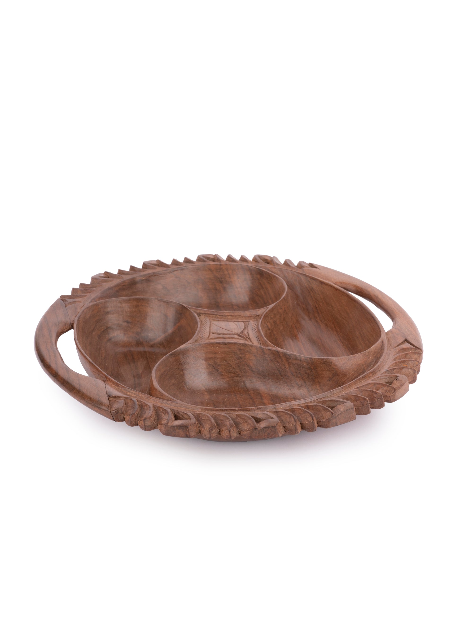 Walnut wood carved Dry Fruit Serving Bowl with 4 compartments - The Heritage Artifacts