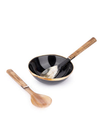 Natural Buffalo Horn Serving Bowl with Metal Rim and a set of Spoon and Fork- 5 inches dia - The Heritage Artifacts