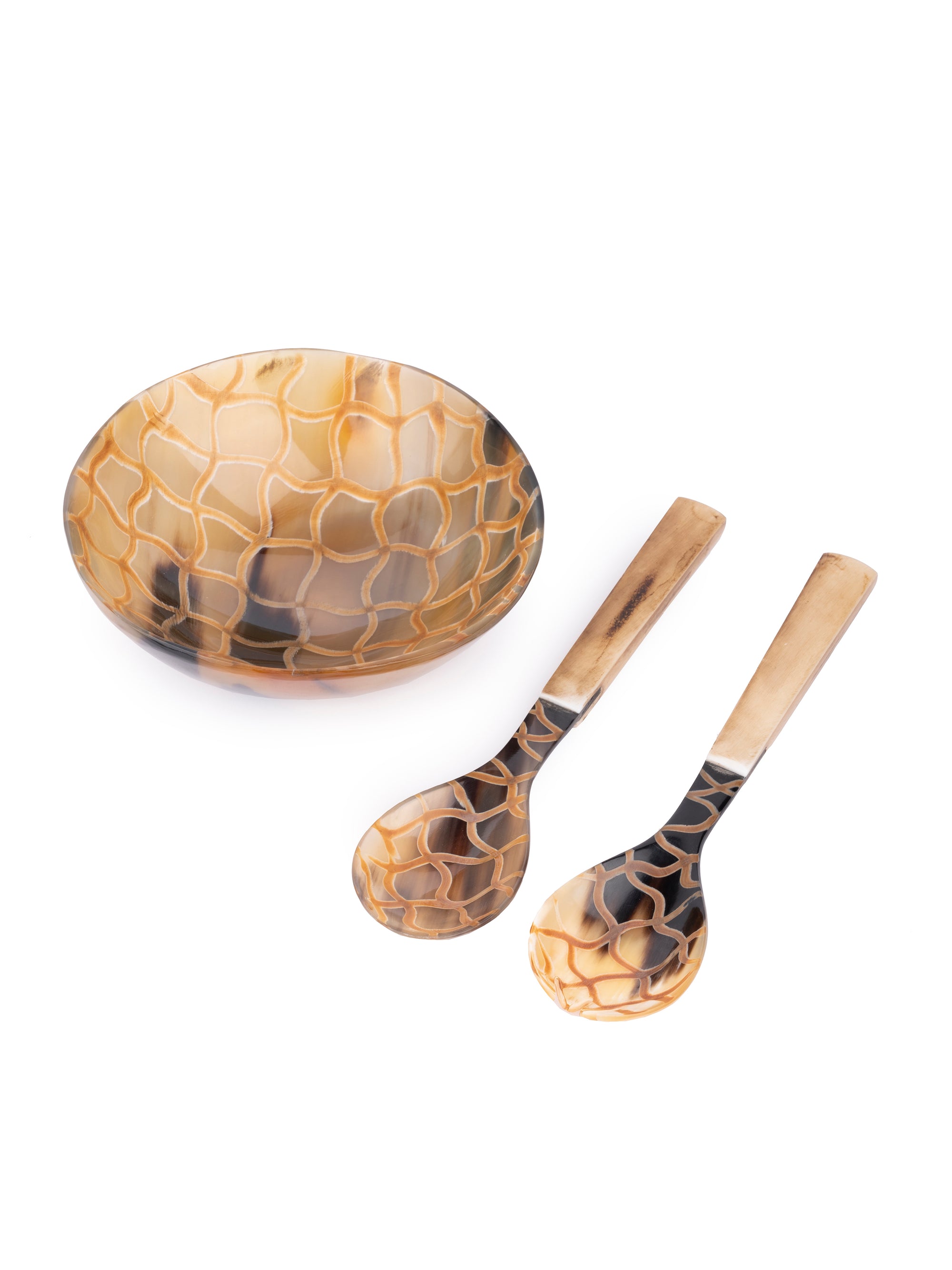 Natural Buffalo Horn Checkered Serving Bowl With Spoon and Fork Set - 6 inches dia - The Heritage Artifacts