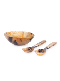 Natural Buffalo Horn Checkered Serving Bowl With Spoon and Fork Set - 6 inches dia - The Heritage Artifacts