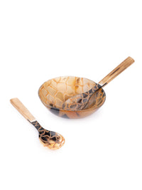 Natural Buffalo Horn Checkered Serving Bowl With Spoon and Fork Set - 6 inches dia - The Heritage Artifacts
