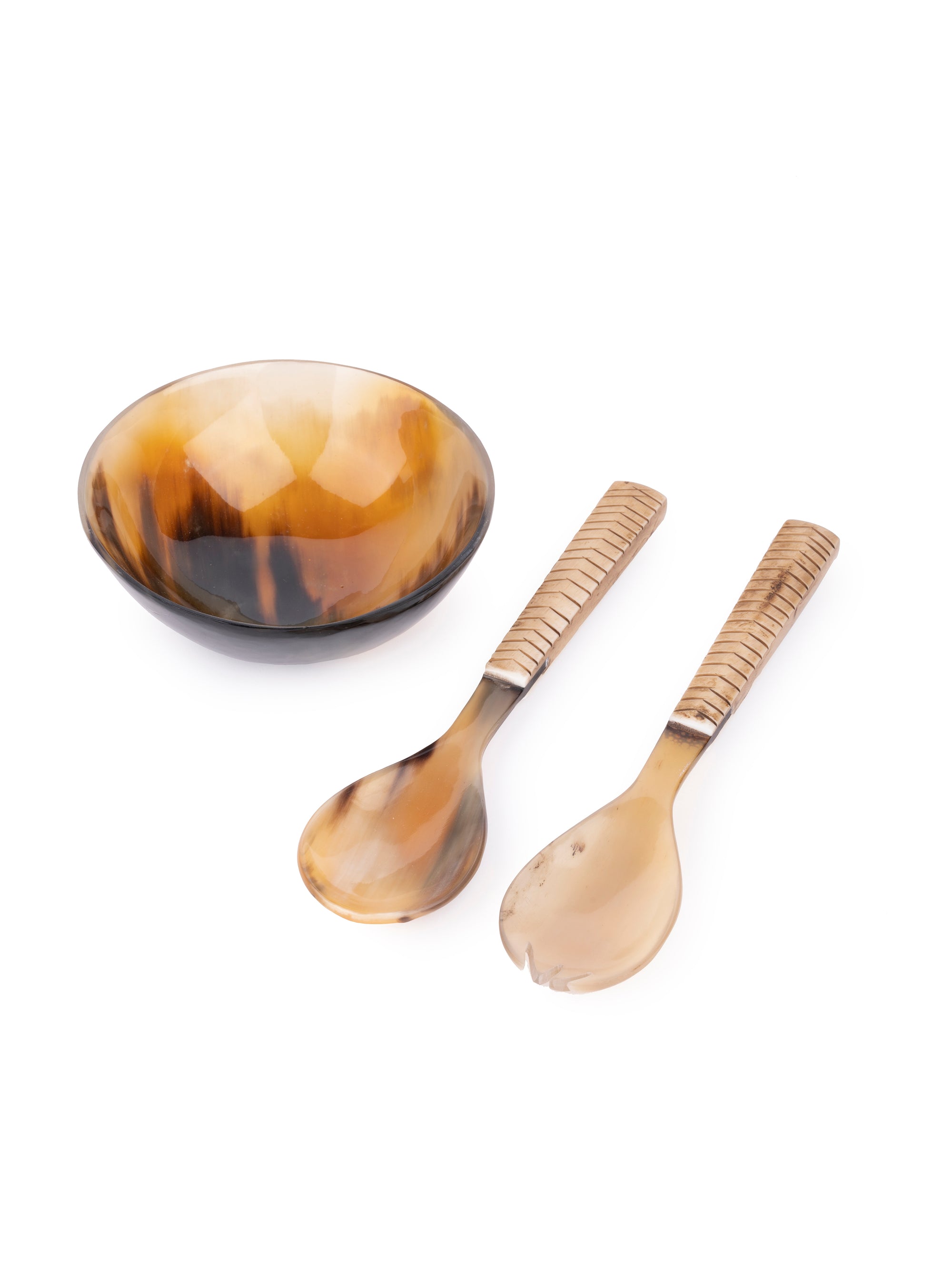 Natural Buffalo Horn 5 inches Serving bowl with Spoon and Fork set - The Heritage Artifacts