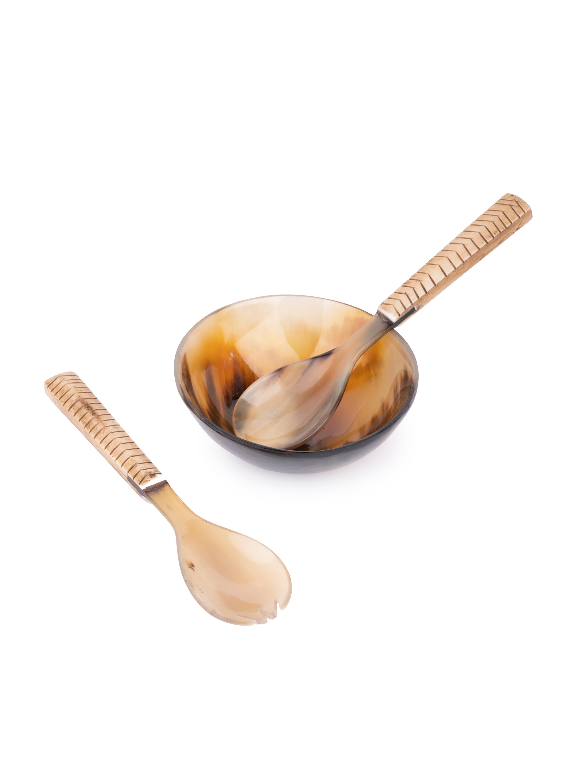 Natural Buffalo Horn 5 inches Serving bowl with Spoon and Fork set - The Heritage Artifacts