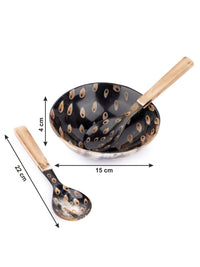 Natural Buffalo Horn Dotted Serving Bowl With Spoon and Fork Set - 6 inches dia - The Heritage Artifacts