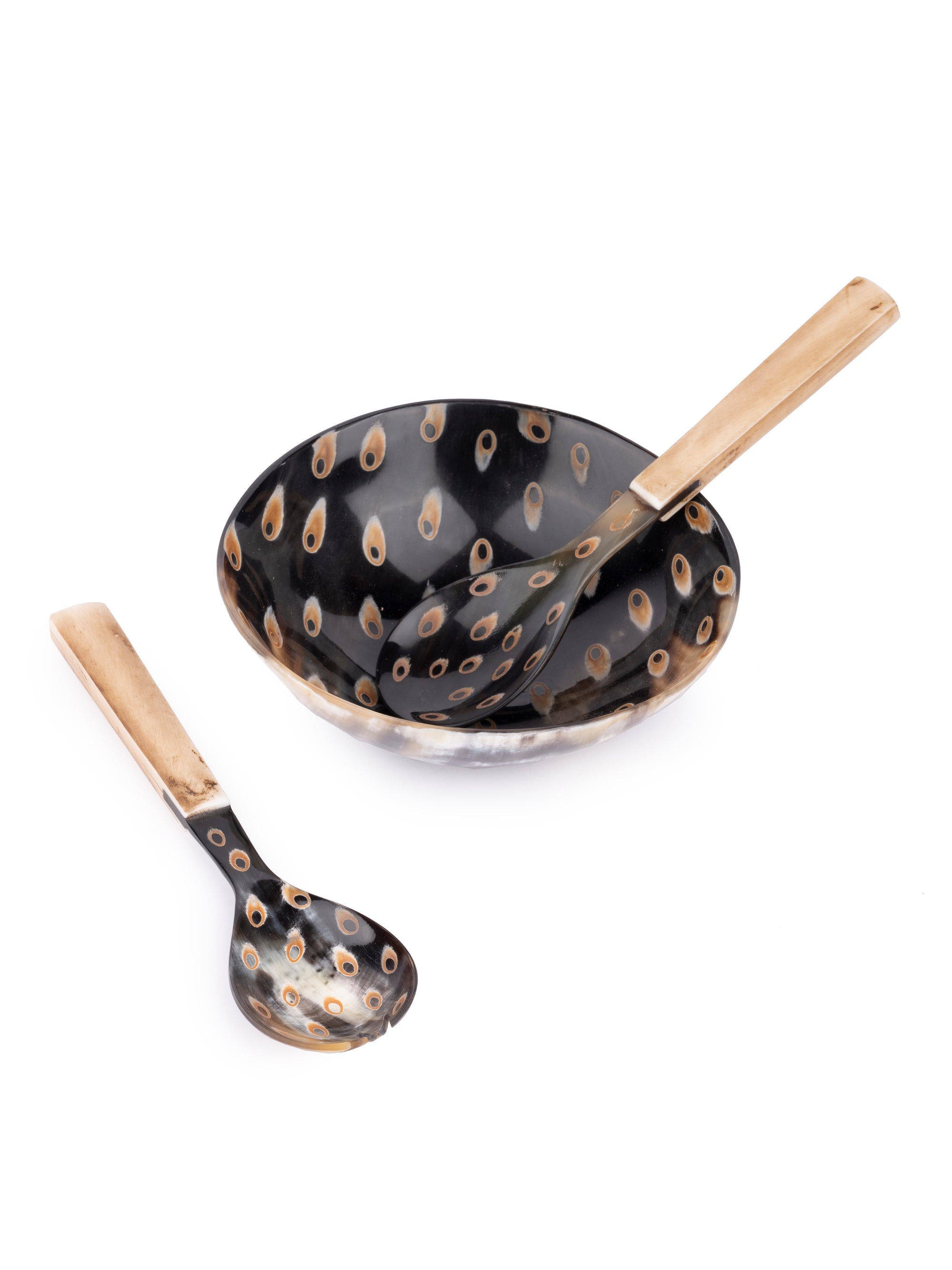 Natural Buffalo Horn Dotted Serving Bowl With Spoon and Fork Set - 6 inches dia - The Heritage Artifacts