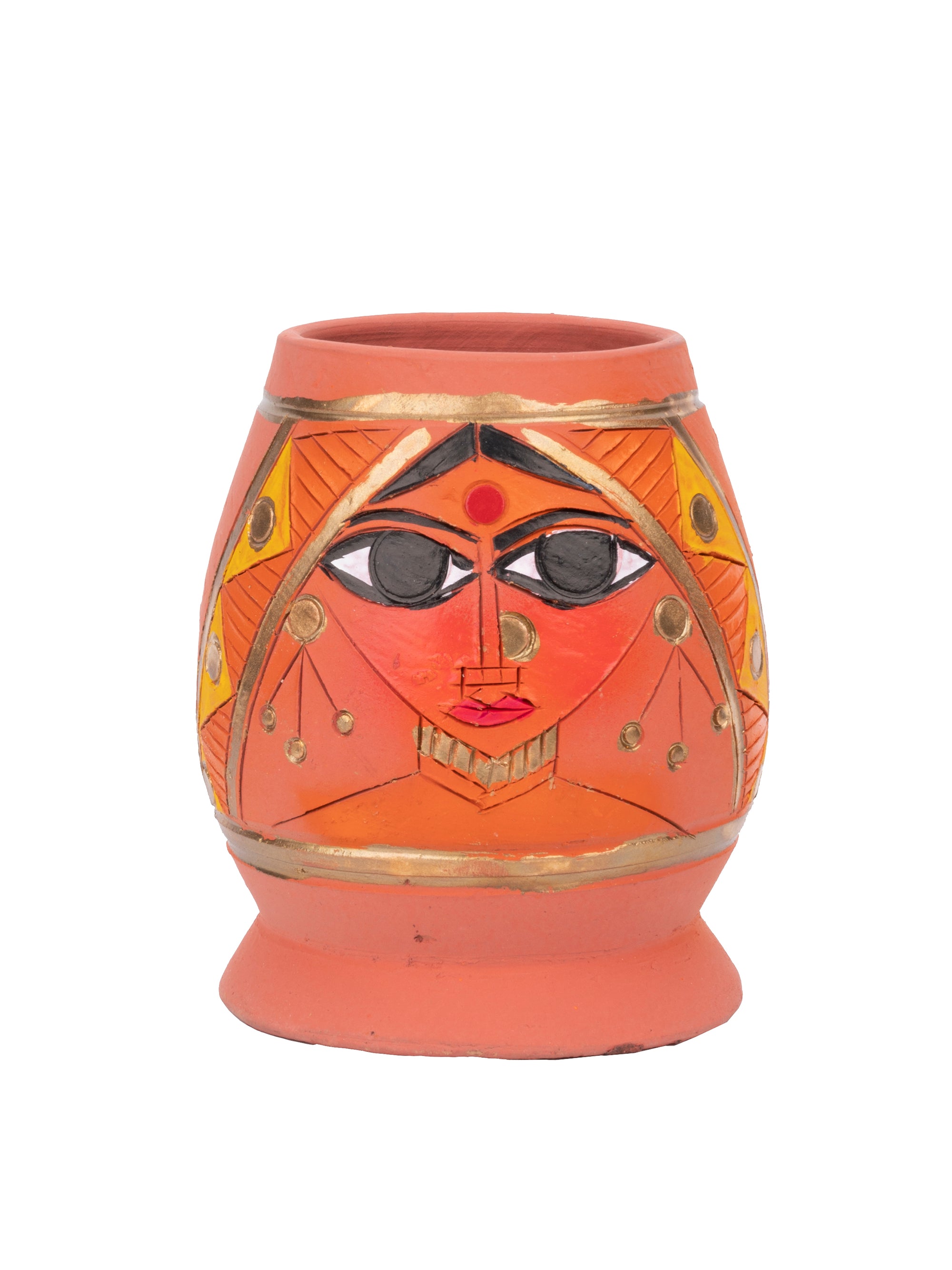 Terracotta Pen and Pencil Holder with Abstract Face Painting - 4 inches - The Heritage Artifacts