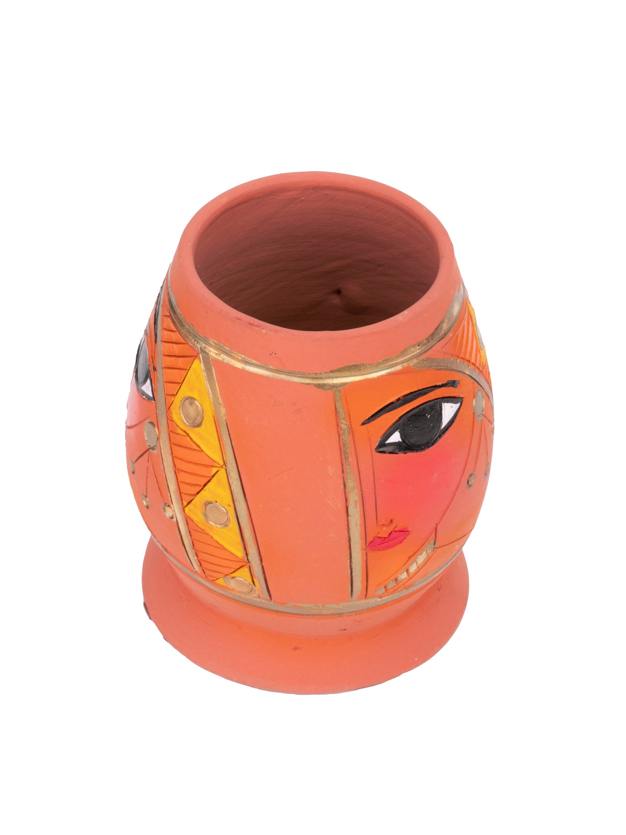 Terracotta Pen and Pencil Holder with Abstract Face Painting - 4 inches - The Heritage Artifacts
