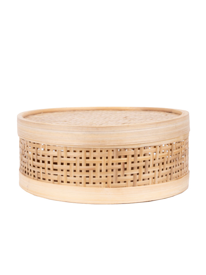 Shantiniketan Art - Bamboo Weave Round Storage Box with Lid - The Heritage Artifacts
