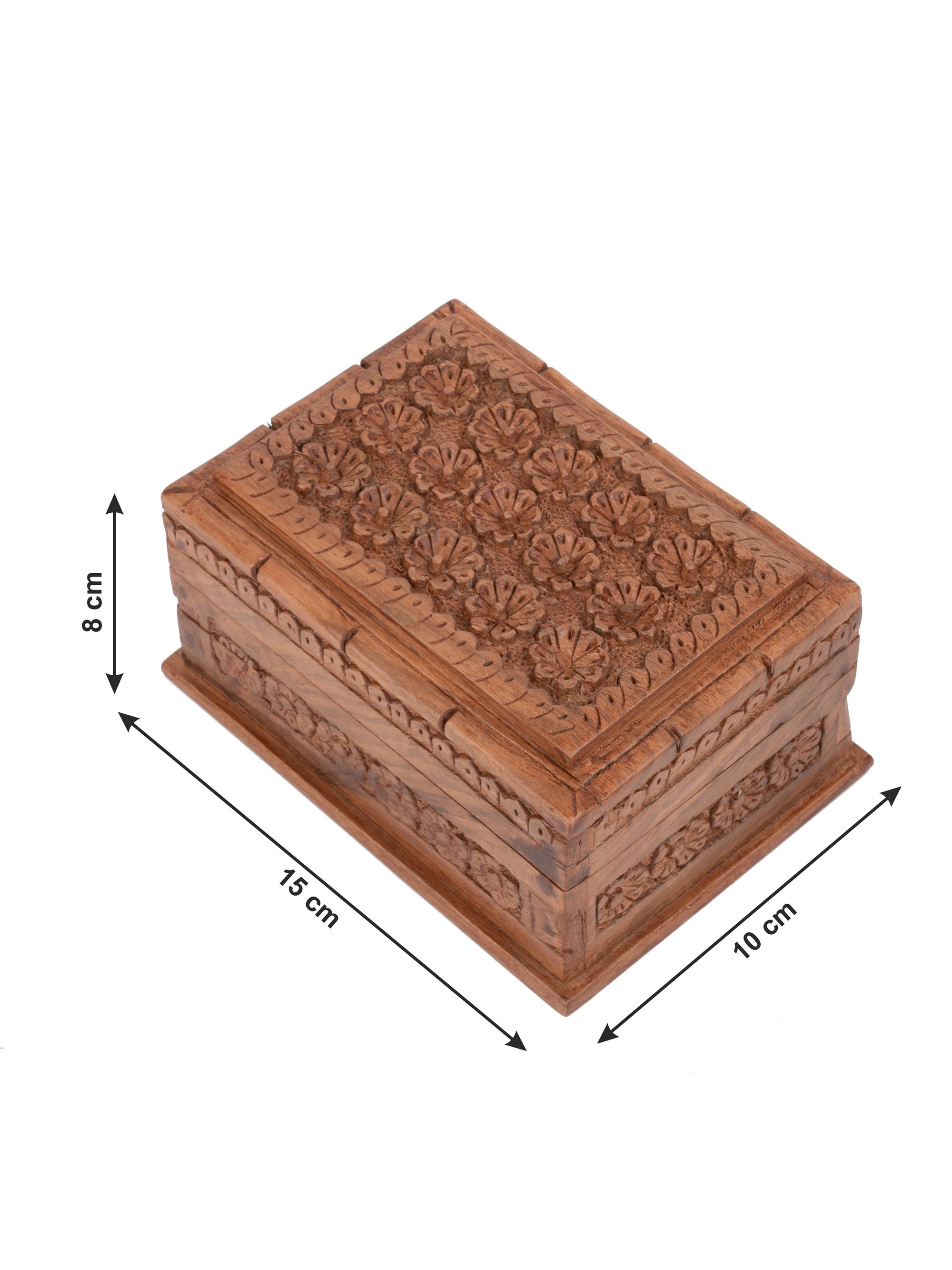Walnut wood Rectangle Jewellery box with floral motif carving on top - 6x4 inches - The Heritage Artifacts