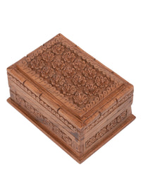 Walnut wood Rectangle Jewellery box with floral motif carving on top - 6x4 inches - The Heritage Artifacts