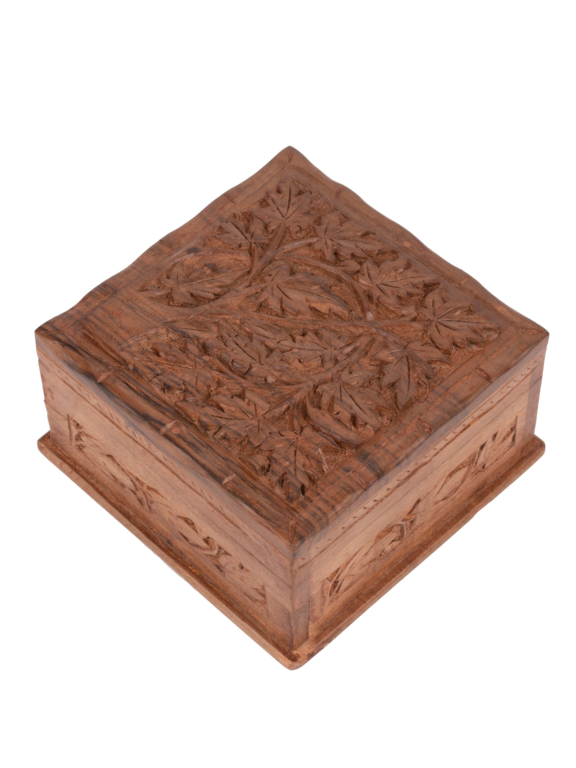 Walnut wood Square Jewellery box with Maple leaves carving on top - 5x5 inches - The Heritage Artifacts