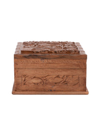 Walnut wood Square Jewellery box with Maple leaves carving on top - 5x5 inches - The Heritage Artifacts