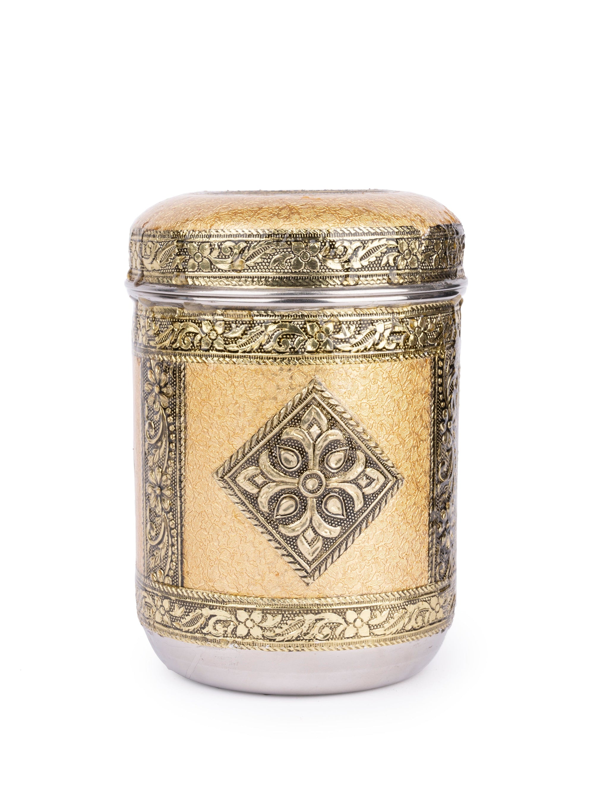 Stainless Steel Multipurpose Kitchen Canister with Meenakari work Laminated on the Exteriors - The Heritage Artifacts